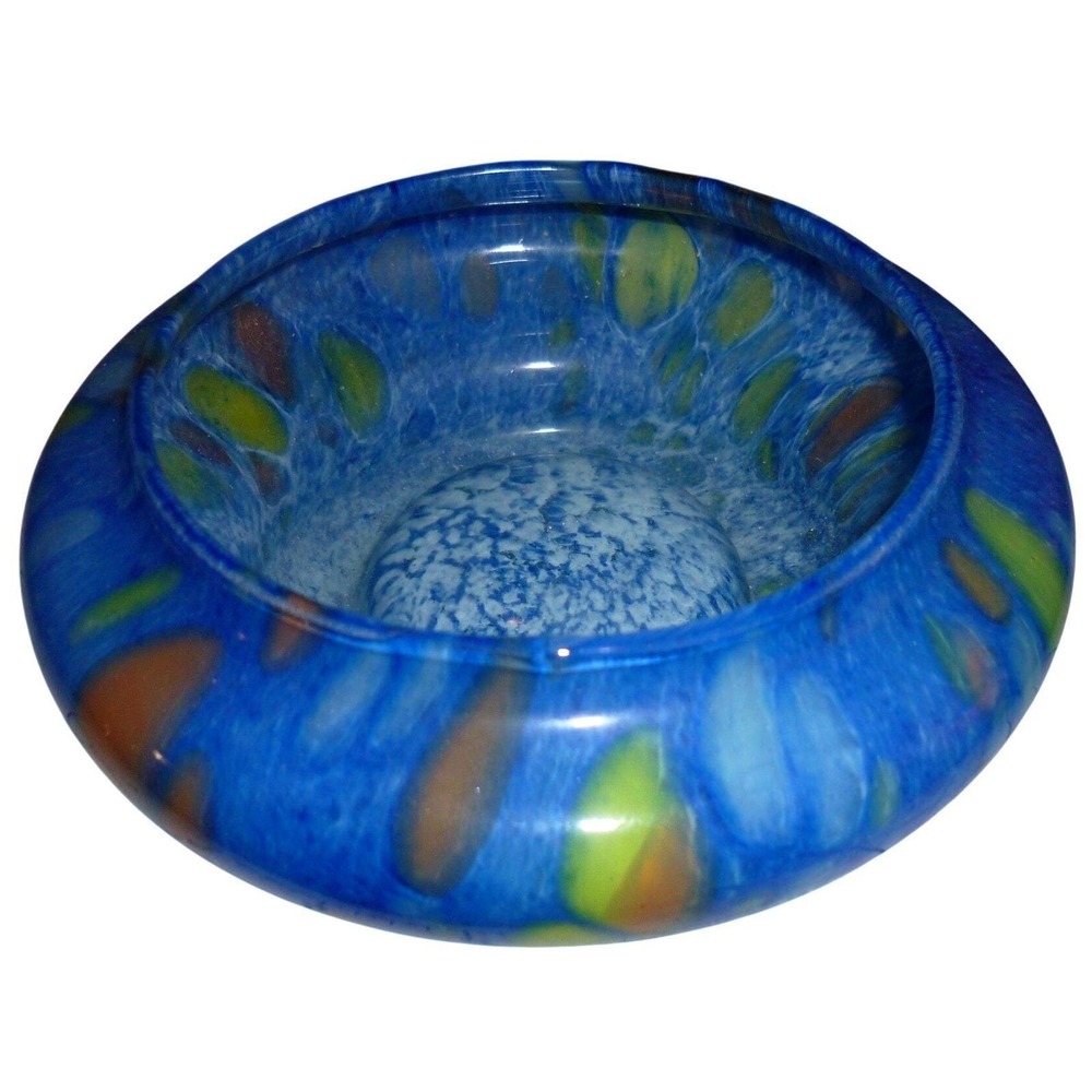 Vintage Lavorazione Arte Murano Blue Splatter Art Glass Bowl Made‎ in Italy 6.5"